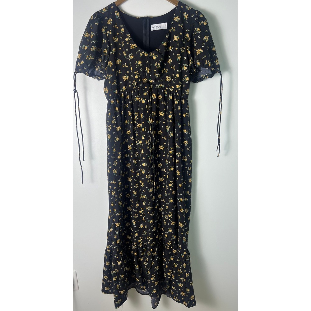 Petal + Pup Midi Dress Wm M Black Yellow Floral Puff Sleeve Ruffle Hem Cottage